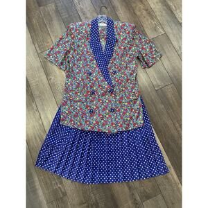 Vintage 80s Ms Chaus Floral Polka Dot Pleated Skirt Set Cottagecore Twee